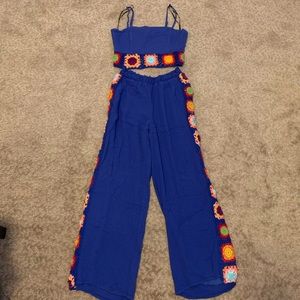 Two piece blue crochet pants set